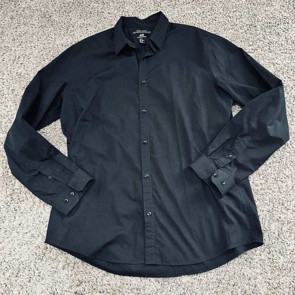 H&M Easy Iron Slim Fit Black Long‎ Sleeve Button Down Shirt Mens XL